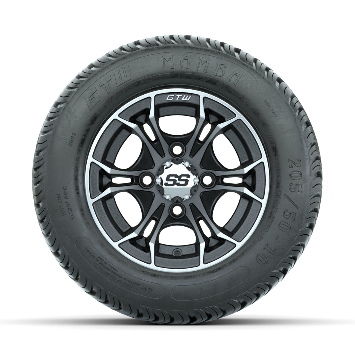GTW Spyder Machined/Matte Grey 10 in Wheels with 205/50-10 Mamba Street Tires  Full Set