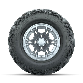 GTW Spyder Silver Brush 10 in Wheels with 20x10-10 Barrage Mud Tires  Full Set