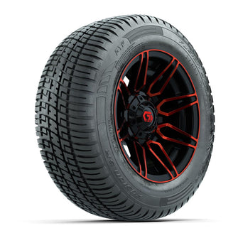 GTW® Stealth Black/Red 12 in Wheels with 215/50-R12 Fusion S/R Steel Belt Radial Tires – Full Set